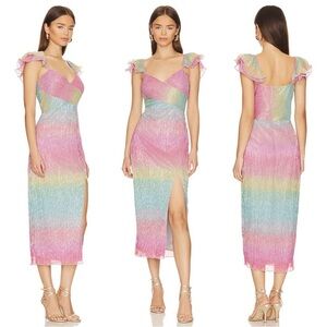 Saylor x Revolve- Myrah Rainbow Dress with Ruffle Sleeves Slit Thigh Size Medium